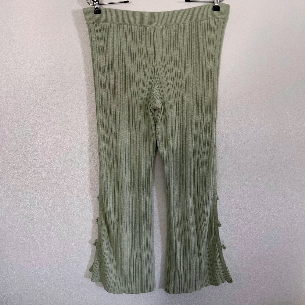 Free People FP Beach Sage Green Ribbed Knit Wide Leg Side Slit Pants Small Boho - Picture 5 of 9
